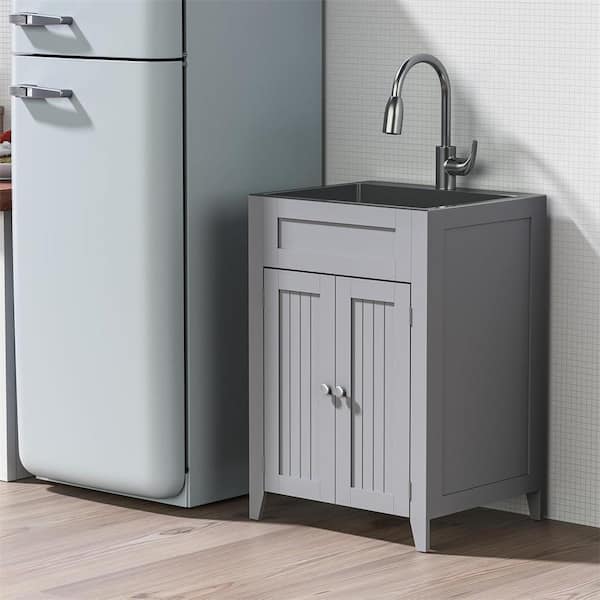 Karl home 24 in. D Drop-In Laundry/Utility Sink in Gray with Cabinet and Pull-Out Sprayer Faucet