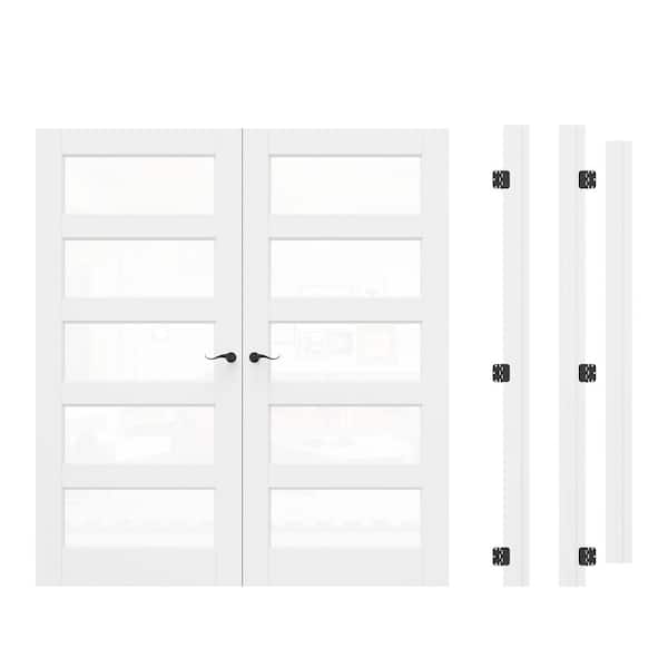 72 in. x 80 in. 5-Lite Clear Glass Universal White Solid Core Glass Double Prehung French Door+ Quick Assemble Jamb