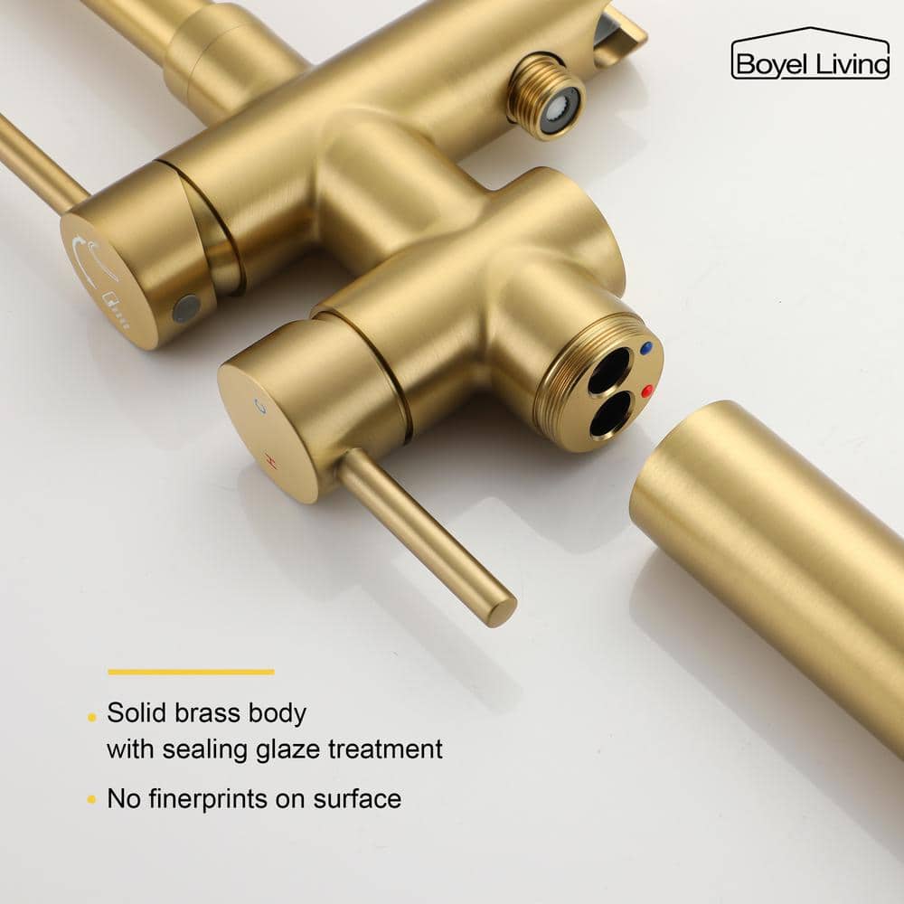 Brushed Gold Double Handle Floor Mount Tub Filler