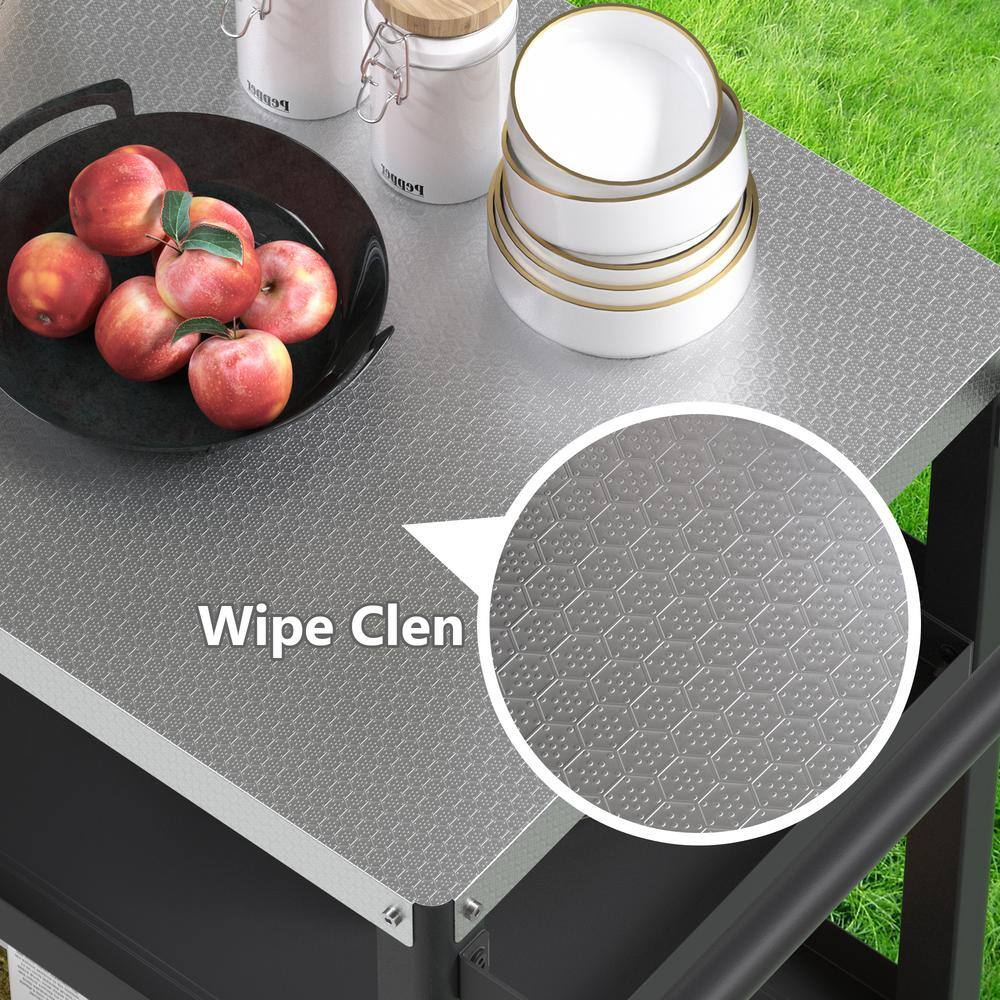 3-Shelf Black and Silver Outdoor Grill Cart with Stainless Steel Top