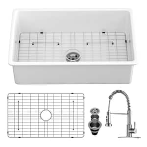 32 in. Drop-In/Undermount Single Bowl White Ceramic Kitchen Sink with Pull Out Faucet and Bottom Grid