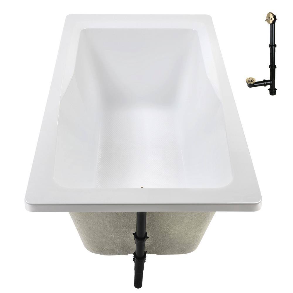 66'' Glossy White Acrylic Soaking Drop-In Bathtub with Polished Brass Drain