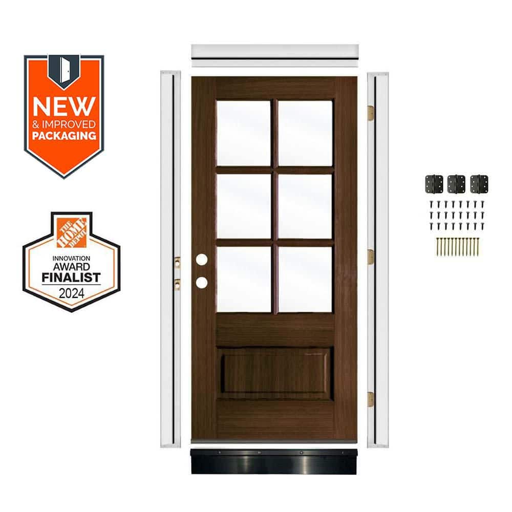 DIY 36in.x80in. Farmhouse Right-Handed 6-Lite Clear Glass Black Stain Hemlock Wood Front Door Kit w/ Quick Assemble Jamb price history on PriceWatchPro