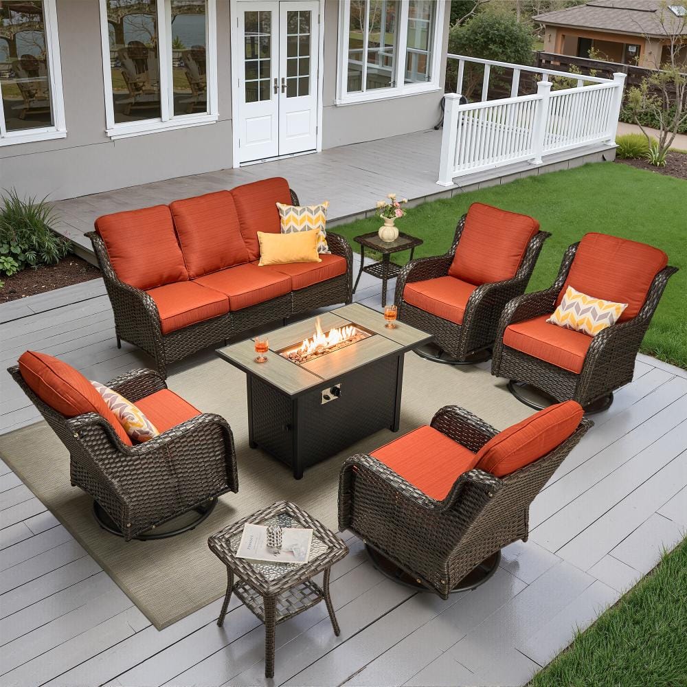 Newport Brown Wicker 8-Piece Patio Sofa Swivel Rocking Chairs Set with Metal Fire Pit and Orange Red Cushions price history on PriceWatchPro