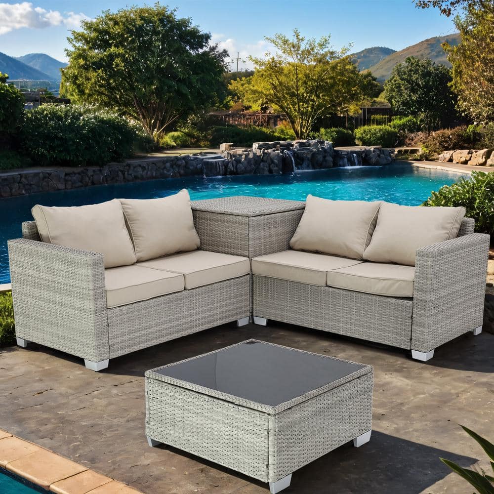 4-Piece Gray Wicker Outdoor Sectional Set with Field Gray Cushions and Stor