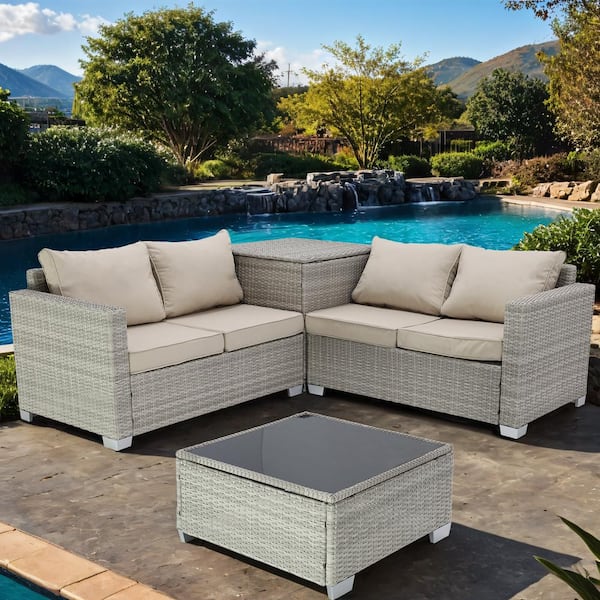 Unbranded 4-Piece Gray Wicker Outdoor Sectional Set with Field Gray Cushions and Storage Box