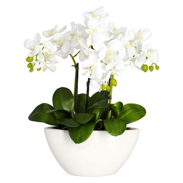 Nearly Natural 16 in. Artificial H White Phalaenopsis Silk Flower Arrangement