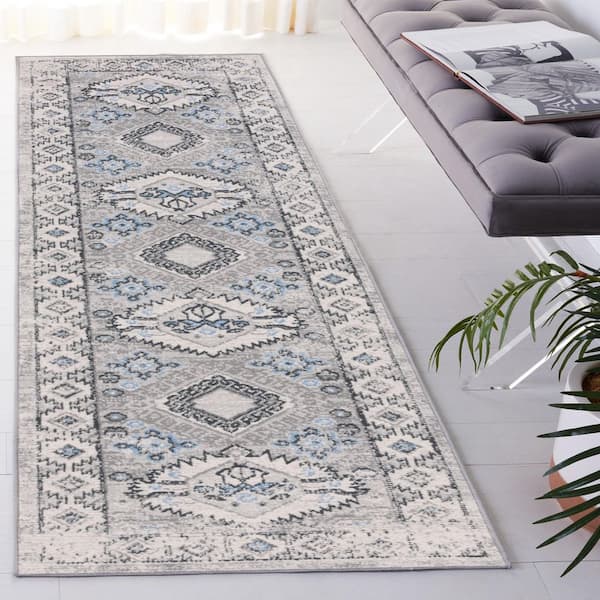 Odyssey 2 ft. x 8 ft. Gray/Light Blue Distressed Border Runner Rug