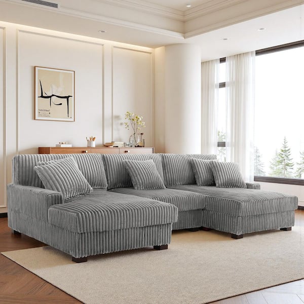 Uixe 118.31 in. W Square Arm 3-piece Faux Rabbit Fur Fabric