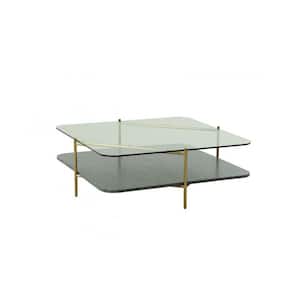 Valerie 43.3 in. Clear, Gold Square Glass Coffee Table with Shelves