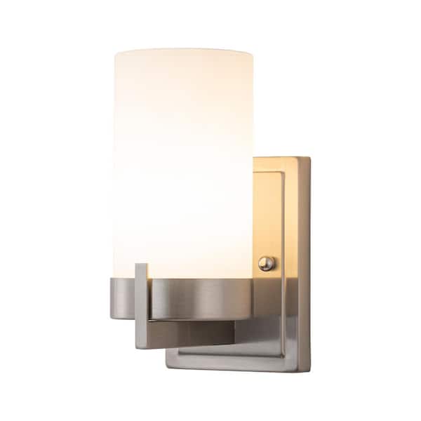 C Cattleya 4.5 in. 1-Light Satin Nickel Dimmable LED Vanity Light Wall Sconce with Frosted Glass Shade