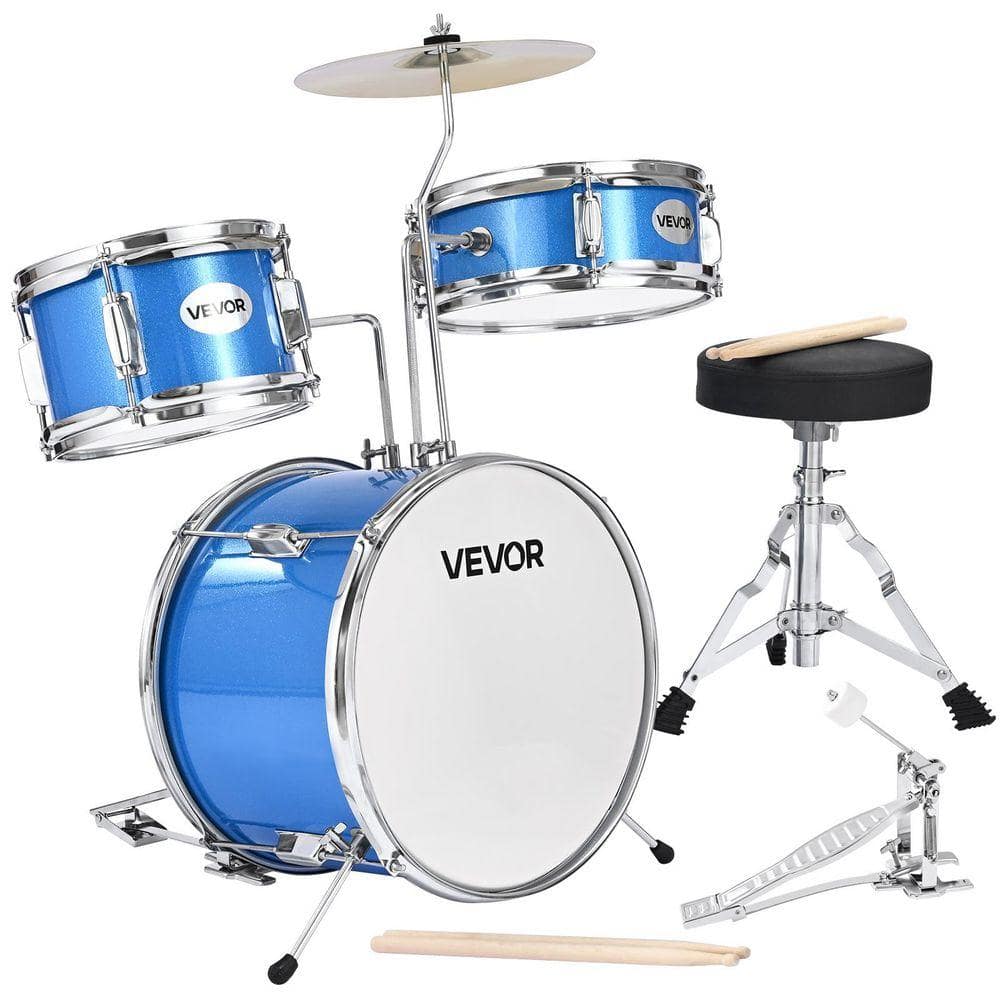 VEVOR Kids Drum Set, 3-Piece 14 in. Junior, Beginner Drums Set with Adjustable Throne, Cymbal and 2 Pairs of Drumsticks, Blue