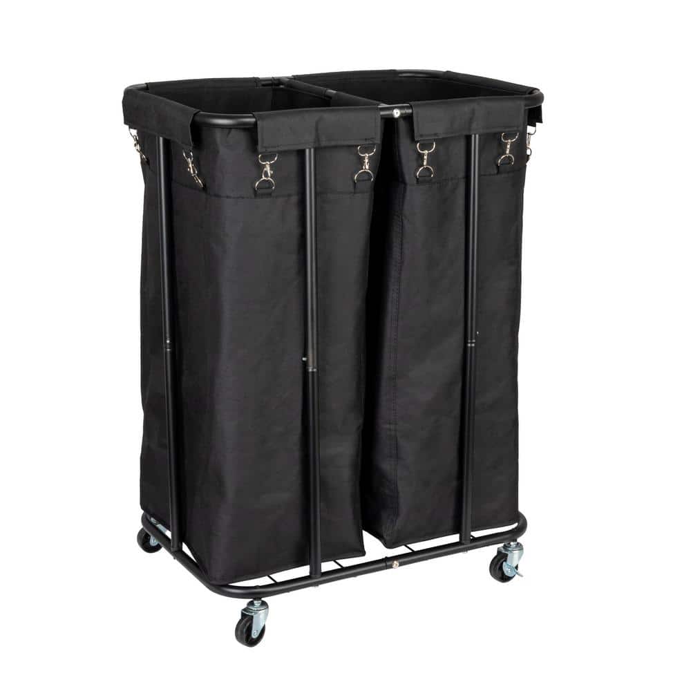 Black Metal 2-Bag Rolling Laundry Sorter with Wheels