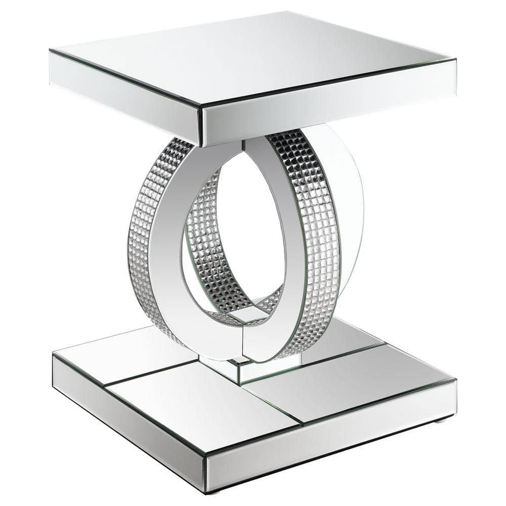 Silver Mirrored Glass Square End Table with Rings Base