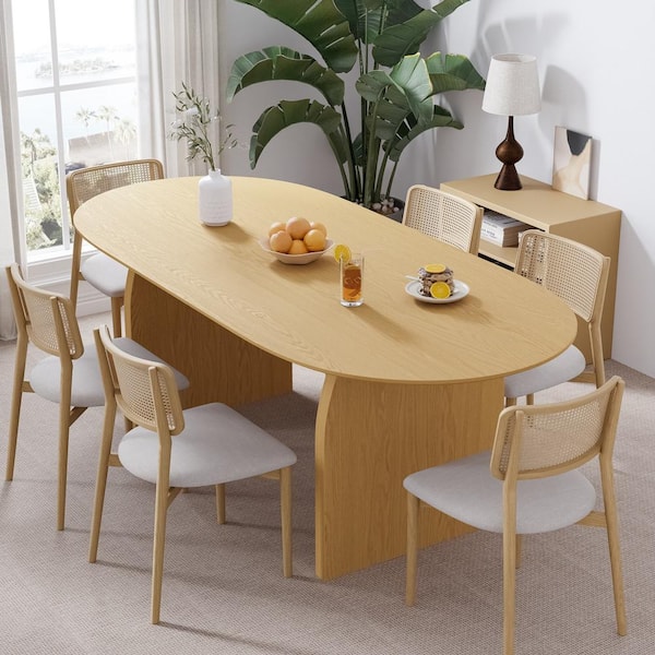 Dovelina Flora Modern Oval Natural Wood Color Oak Wood Top 67 in. Double Pedestal Base Dining Table Seats 6