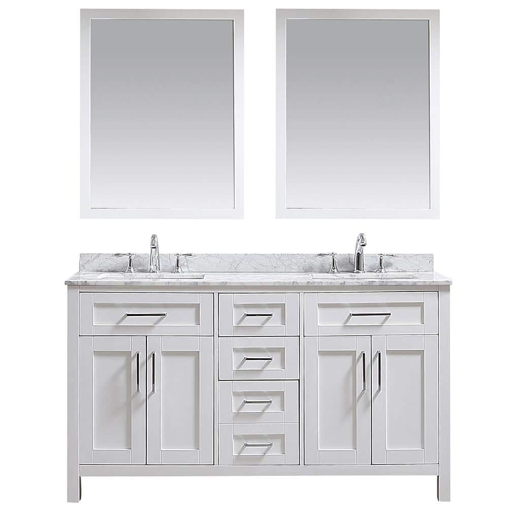 Ove Decors Wexford 60 In W Vanity In White With Carrara Marble Vanity Top In White With White Basins And Mirrors Vkcr Wexf60 007 The Home Depot