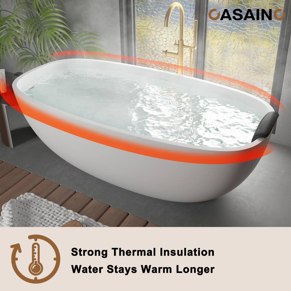71'' Matte White Freestanding Soaking Tub with Black Pillow