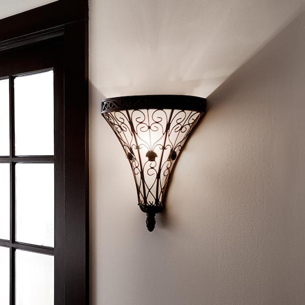 KICHLER Marchesa 1-Light Terrene Bronze Bathroom Indoor Wall Sconce Light with Piastra Glass Shade