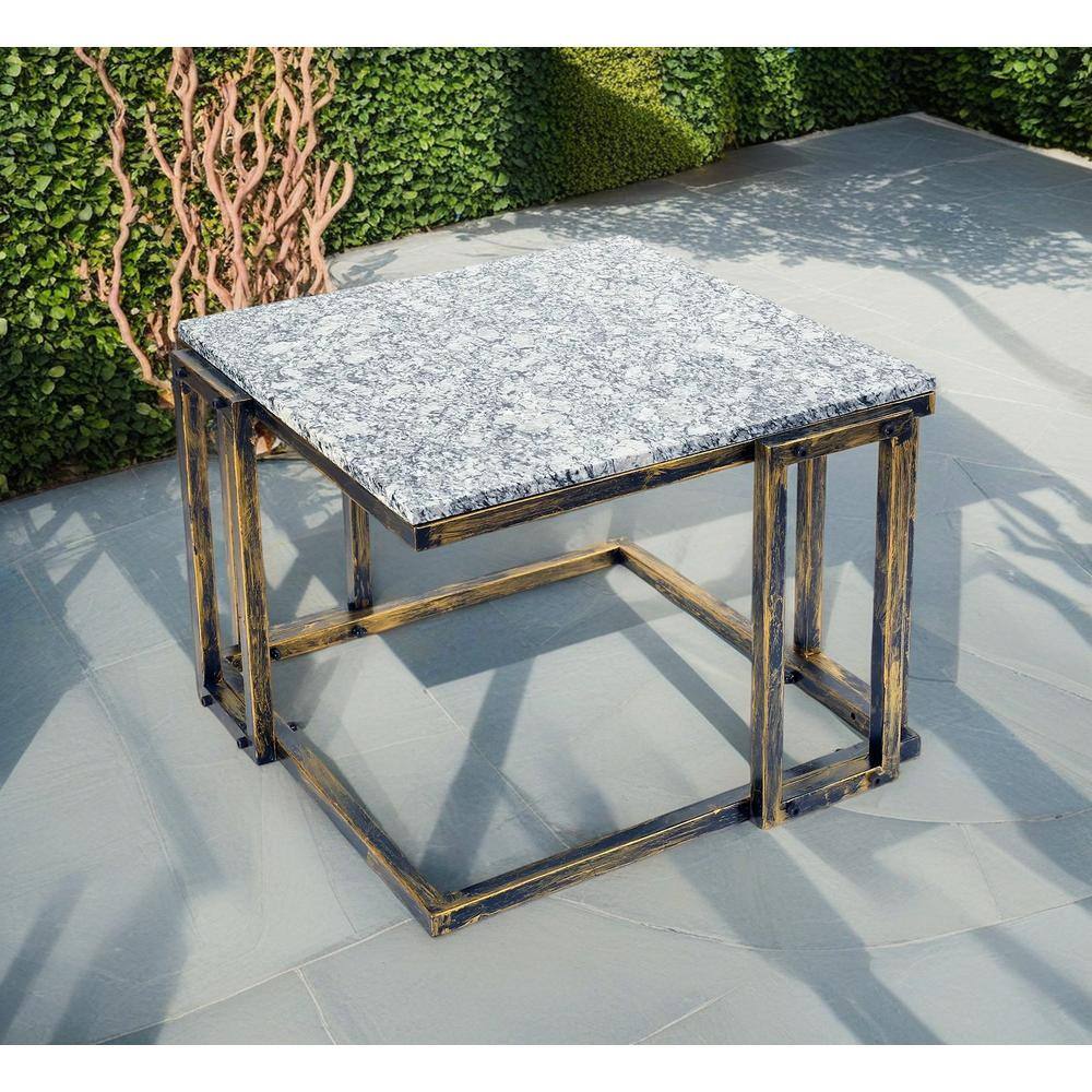 14.5" Granite Marble Black and Gold Metal Plant Stand