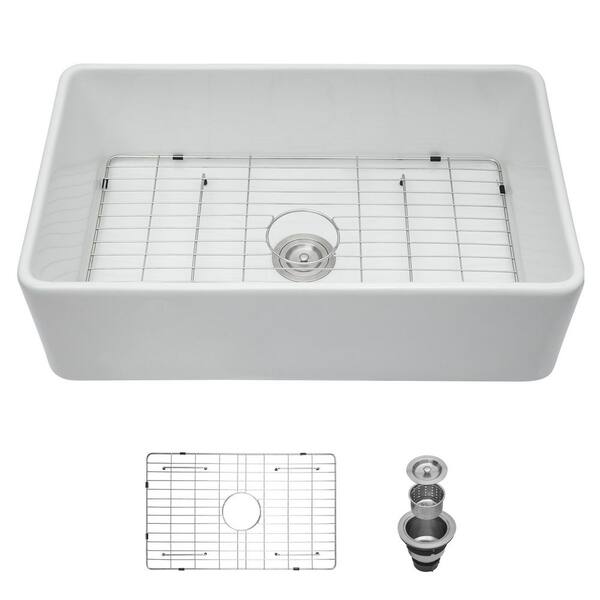 33 in. Farmhouse Apron Front Single Bowl White Ceramic Kitchen Sink with Bottom Grids