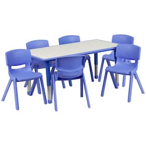 Emmy Blue 7-Piece Plastic Height Adjustable Activity Table Set with 6 Chairs