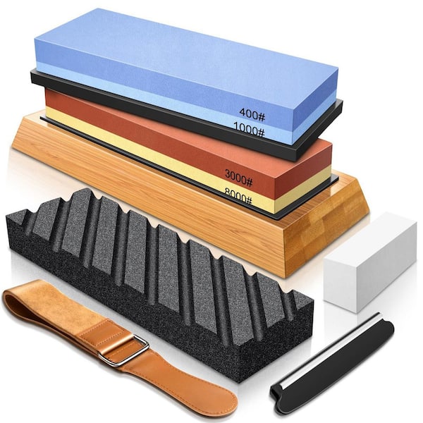 Emery Dual-Grit Whetstone Set with Leather Strop, Flattening Stone, Bamboo Base, Non-slip Rubber Bases and Angle Guide