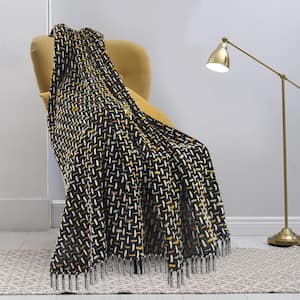 Modern Black/Gold Interwoven All Natural Cotton Throw Blanket with Fringe