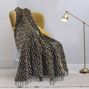 Modern Black/Gold Interwoven Cotton Throw Blanket with Fringe