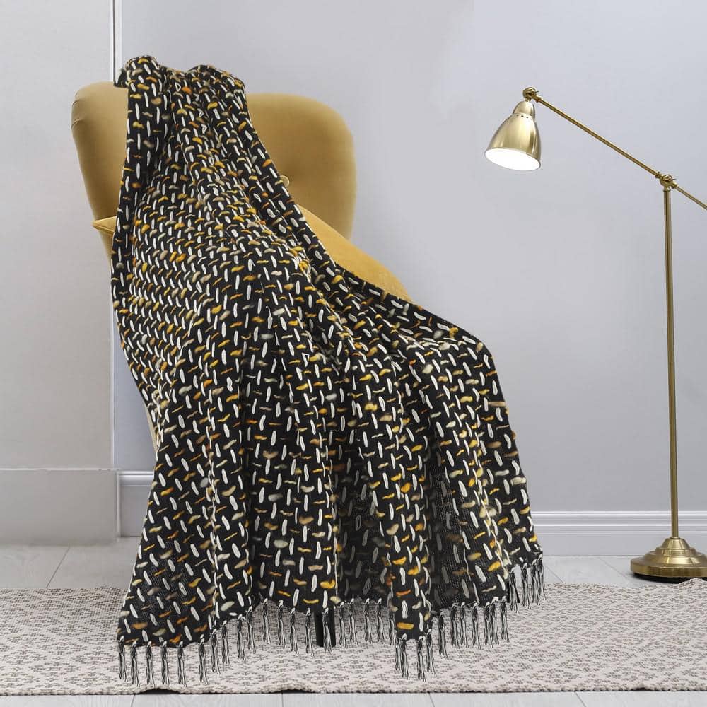 Modern Black/Gold Interwoven All Natural Cotton Throw Blanket with Fringe