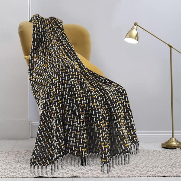 Modern Black/Gold Interwoven All Natural Cotton Throw Blanket with Fringe
