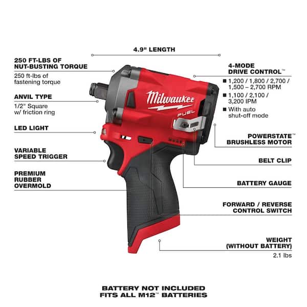 Milwaukee M12CIW12-0 M12 Fuel Compact Impact Wrench 1/2 Inch Body Only 
