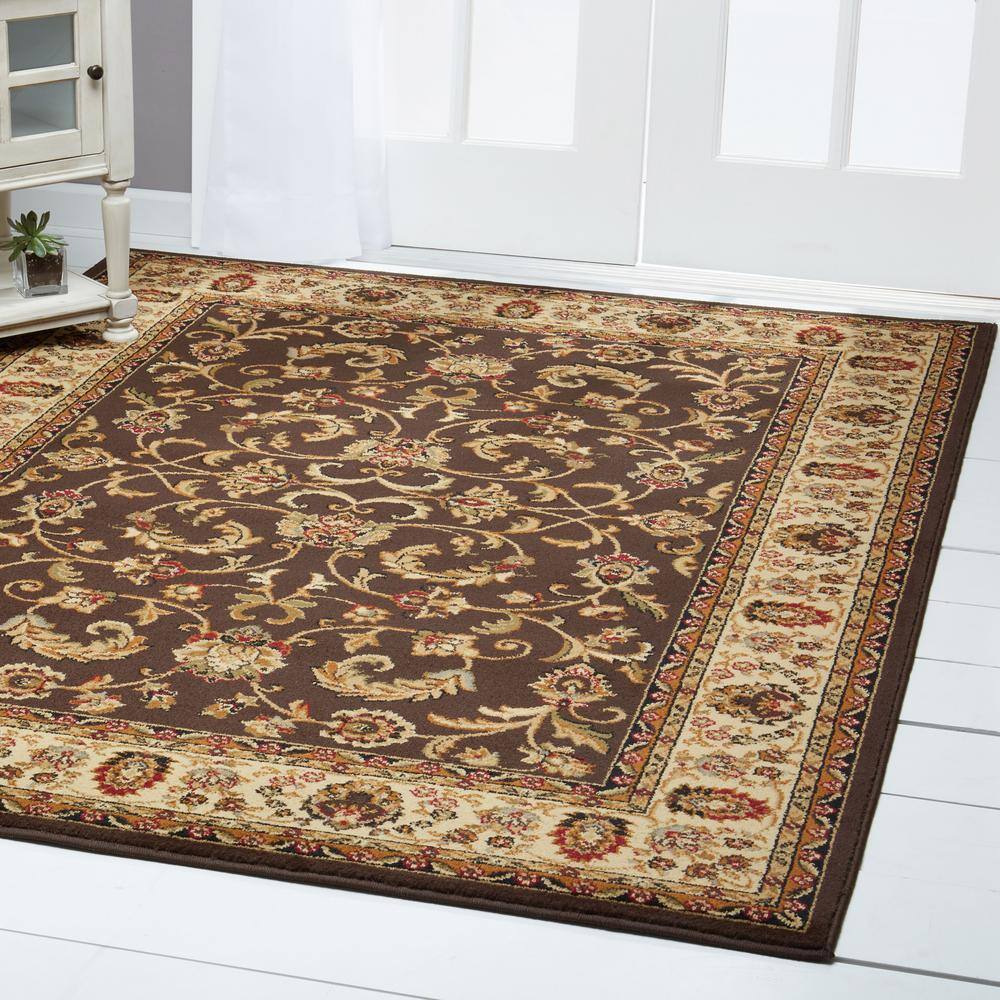 Brown Ivory Traditional Ornate Damask Runner Rug