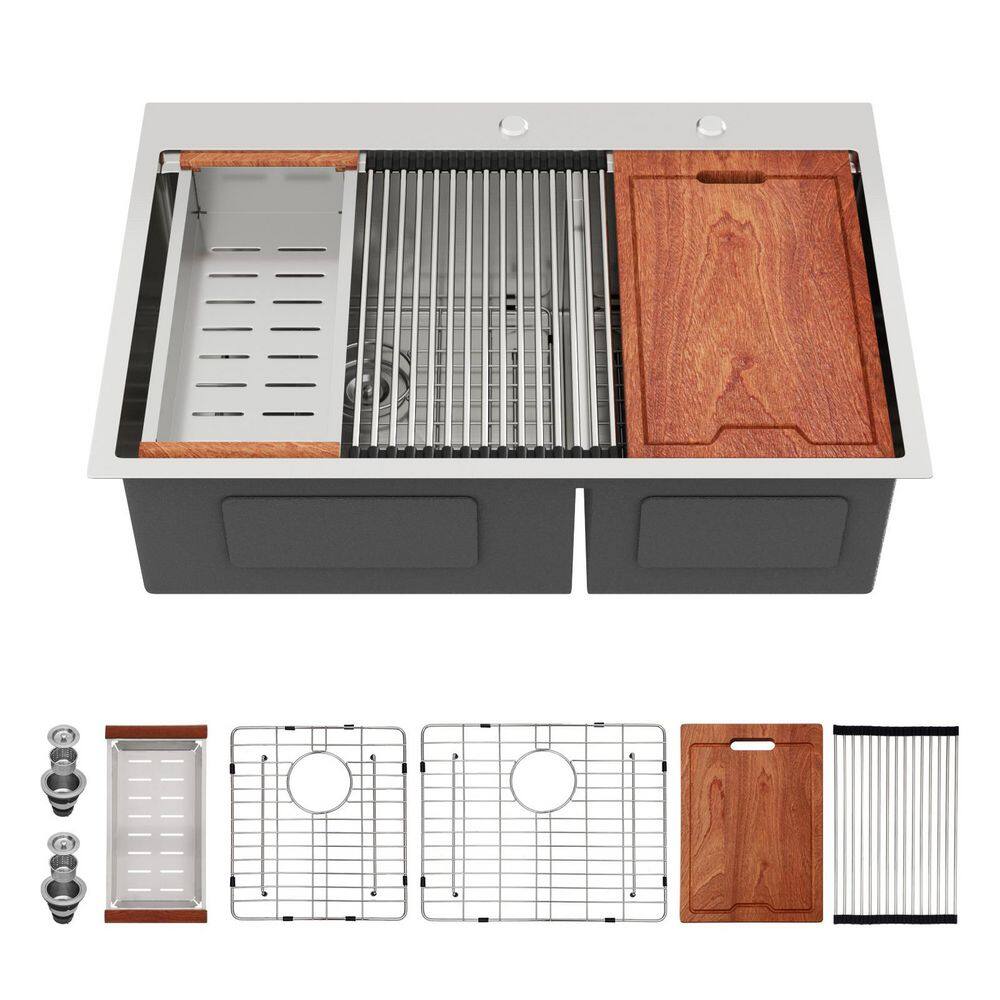 "33 in. Drop-in Double Bowl (60/40) 16 Gauge Brushed Nickel Stainless Steel Kitchen Sink with Two 10"" Deep Basin" price history on PriceWatchPro