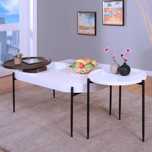 Postiana 2-Piece 48 in. Dark Walnut/White/Sand Black Large Oval Wood Coffee Table Set