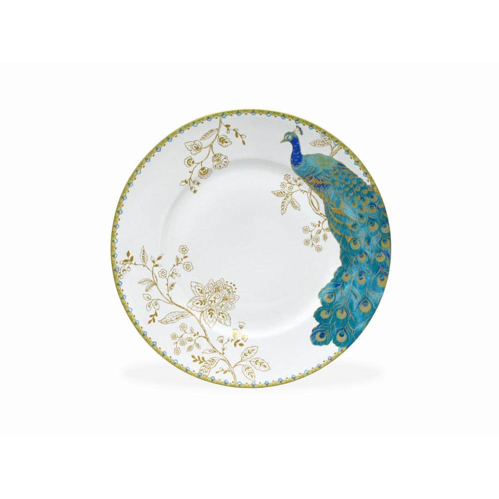 Peacock Garden White Porcelain 16-Piece Dinnerware Set with Gold Accents