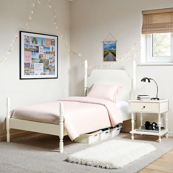 Modern Farmhouse Easy Assembly 2-Piece Solid Wood White 1-Drawer Nightstand and Twin Bed Bedroom Set