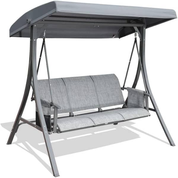 Cisvio 3-Person Grey Metal Outdoor Patio Swing Chair with Storage Pocket Bag Canopy Heavy-Duty Frame Hanging Glider Seating