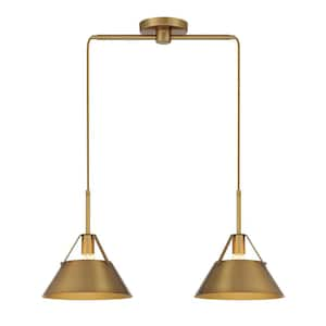 29 in. W x 10.5 in. H 2-Light Natural Brass Linear Chandelier with Matching Natural Brass Metal Shades