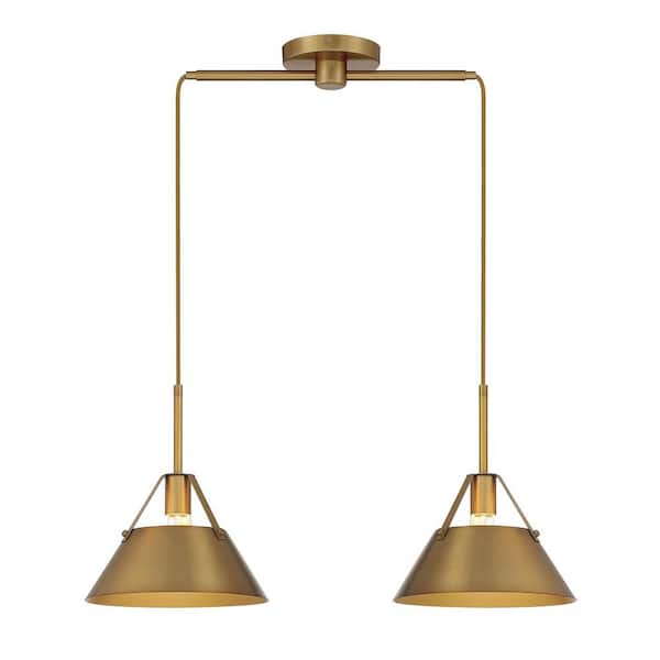 TUXEDO PARK LIGHTING 29 in. W x 10.5 in. H 2-Light Natural Brass Linear Chandelier with Matching Natural Brass Metal Shades