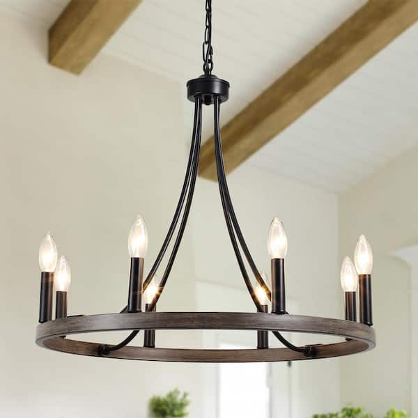 8-Light Black and Wood Grain Wagon Wheel Chandelier for Living Room Dinning Room with No Bulbs Included
