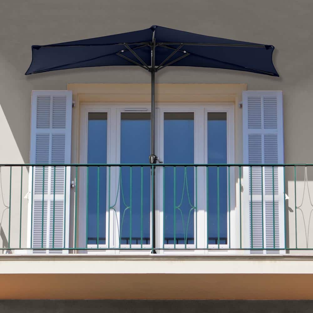 Navy Blue 9ft Half Round Steel Patio Umbrella
