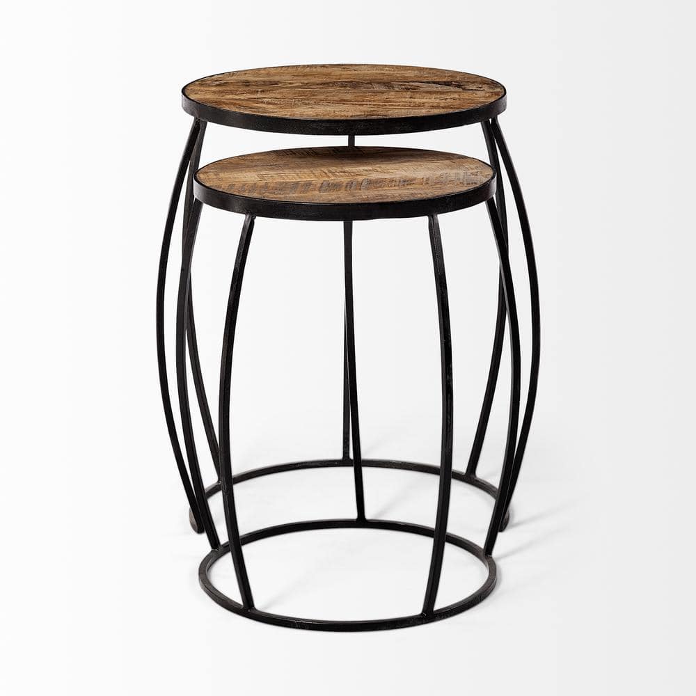 Medium Brown Round Mango Wood and Black Iron Nesting Accent Tables Set