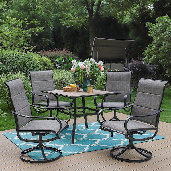 PHI VILLA Black 5-Piece Metal Outdoor Patio Dining Set with Wood-Look Square Table and Padded Textilene Swivel Chairs