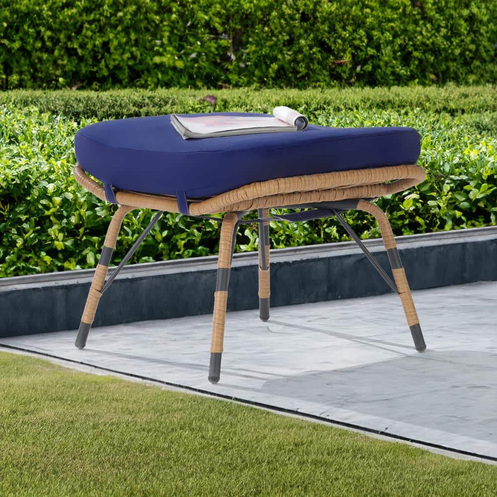 BFB Brown Wicker Outdoor Ottoman with Navy Blue Cushion 1 Pack JF ...