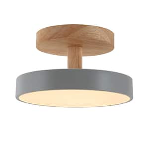 7.08 in. 1 Light White and Wood Modern Round Selectable LED Semi-Flush Mount Ceiling Light for Kitchen Islands Hallways