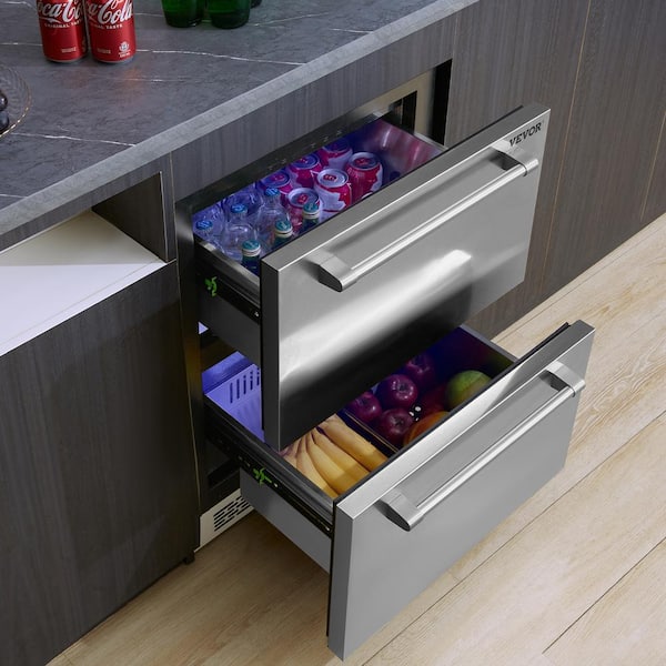24 in. Undercounter Refrigerator, 2-Drawer Built-in Beverage Refrigerator with Touch Pane 4.9 cu. ft. Capacity Silver