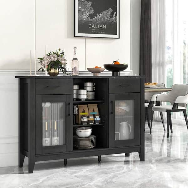 Black Faux Marble 52 in. Sideboard Buffet Cabinet with 2 Drawers 2 Doors 3 Open Compartments 4 Shelves