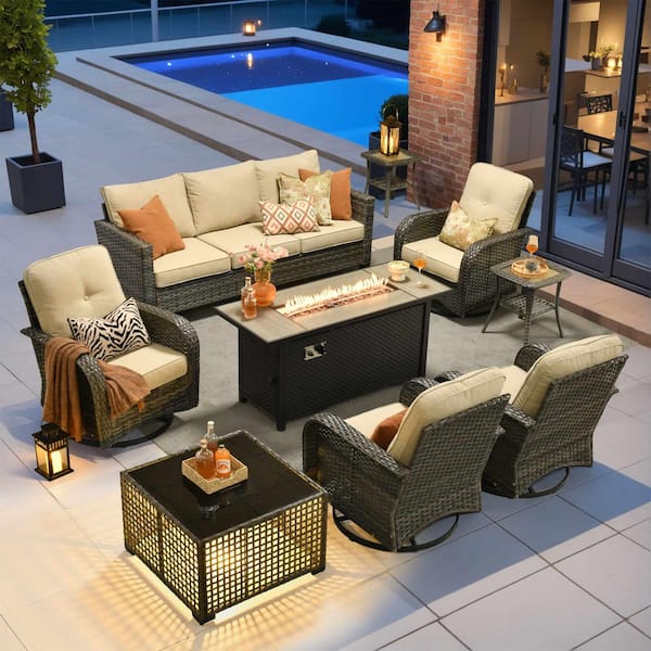Onyx 9 Pieces Wicker Outdoor Patio Rectangular Fire Pit Set and Swivel Rocking Chairs with Beige Cushions