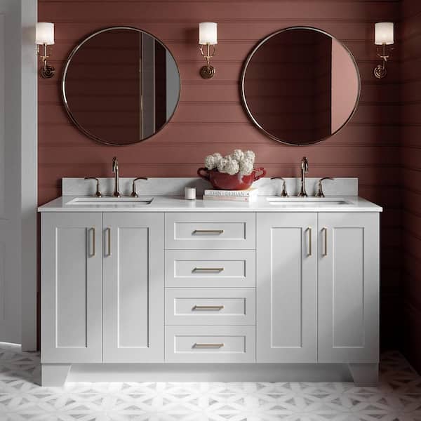 ARIEL Taylor 67 in. W x 22 in. D x 35.25 in. H Double Sink Freestanding Bath Vanity in Grey with Carrara White Marble Top