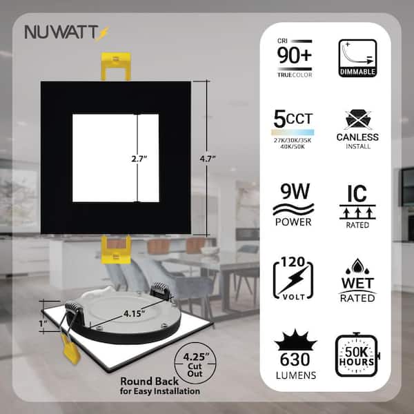 4 in. Black Square Slim Canless Integrated LED Recessed Light Kit 5 Color Selectable 2700K to 5000K Dimmable (6-Pack)